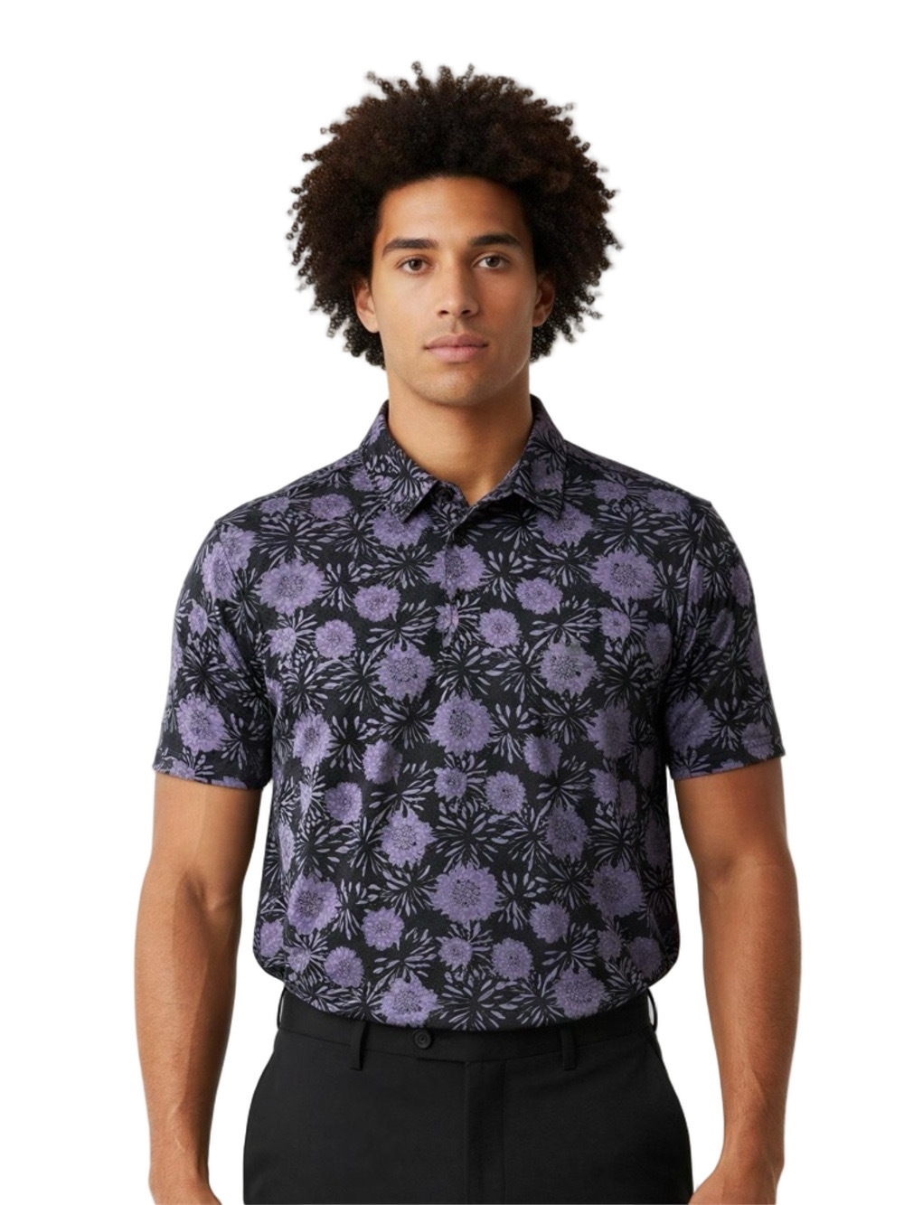 Travis Mathew Black Golf Polo with Purple Tropical Floral Pattern Size XL